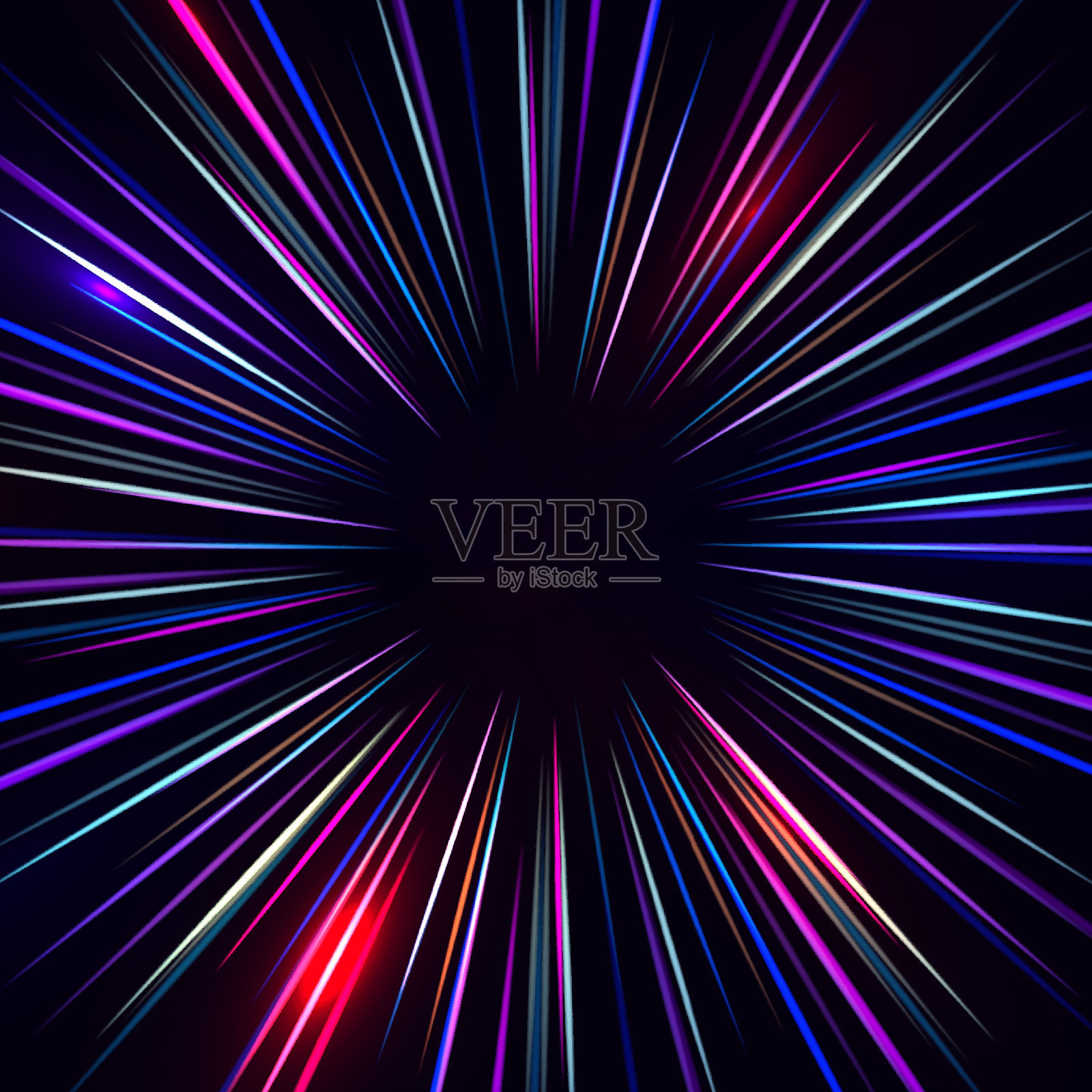 霓虹条纹呈现出钻孔、转弯和旋转的形状。高速概念的插图。道路上速度运动的图像。蓝色和紫色霓虹光辉的抽象背景。插画图片素材