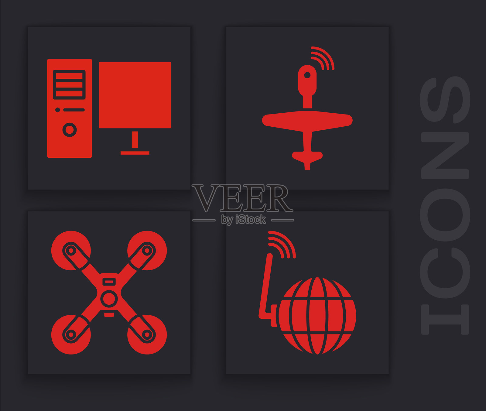 社交网络、计算机显示器、无人机和无人机飞行图标。矢量图。插画图片素材