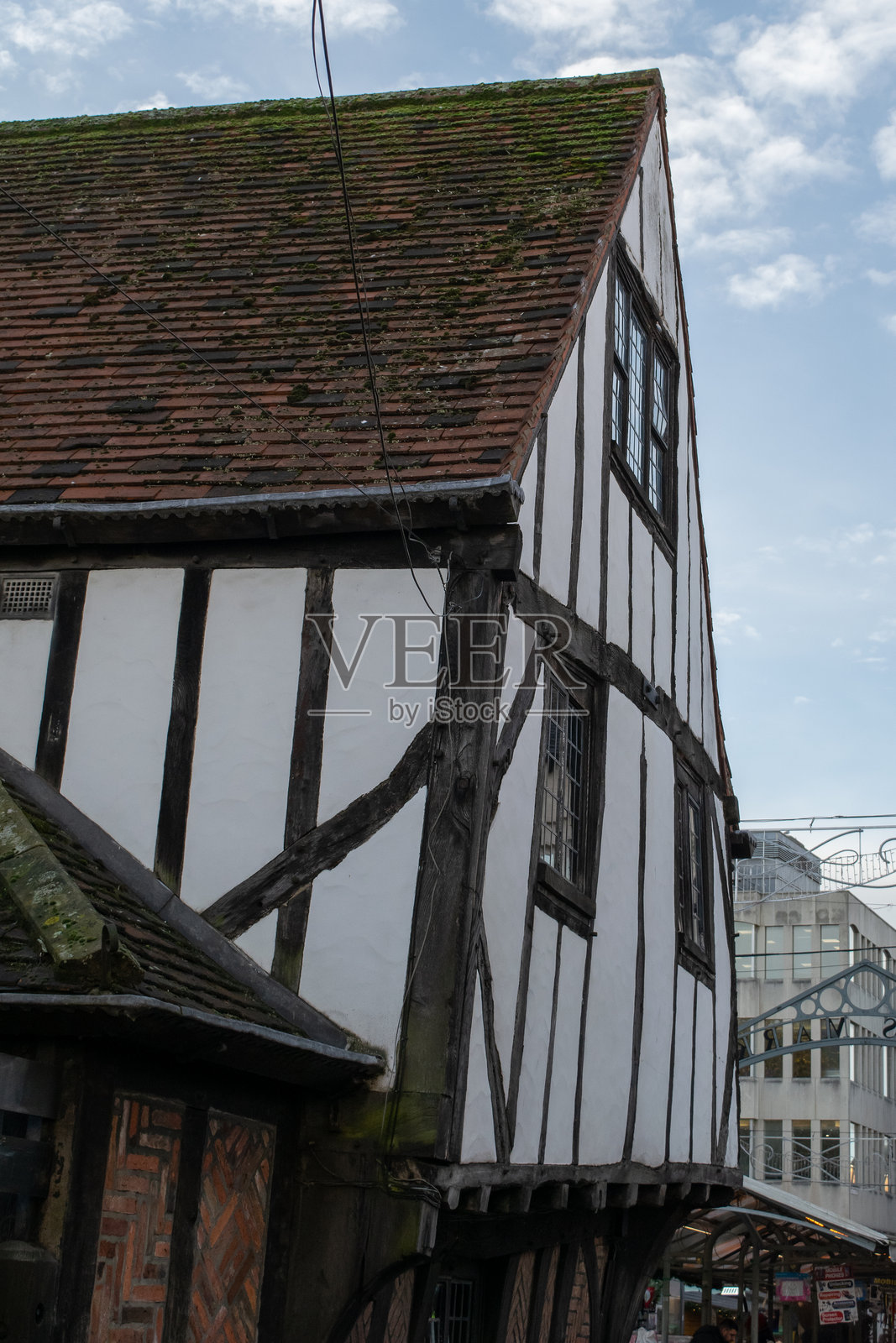 约克英格兰的都铎建筑风格房屋外立面及支撑梁照片摄影图片