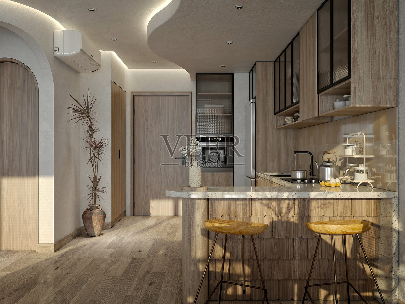 3D渲染的客厅和餐厅空间照片摄影图片