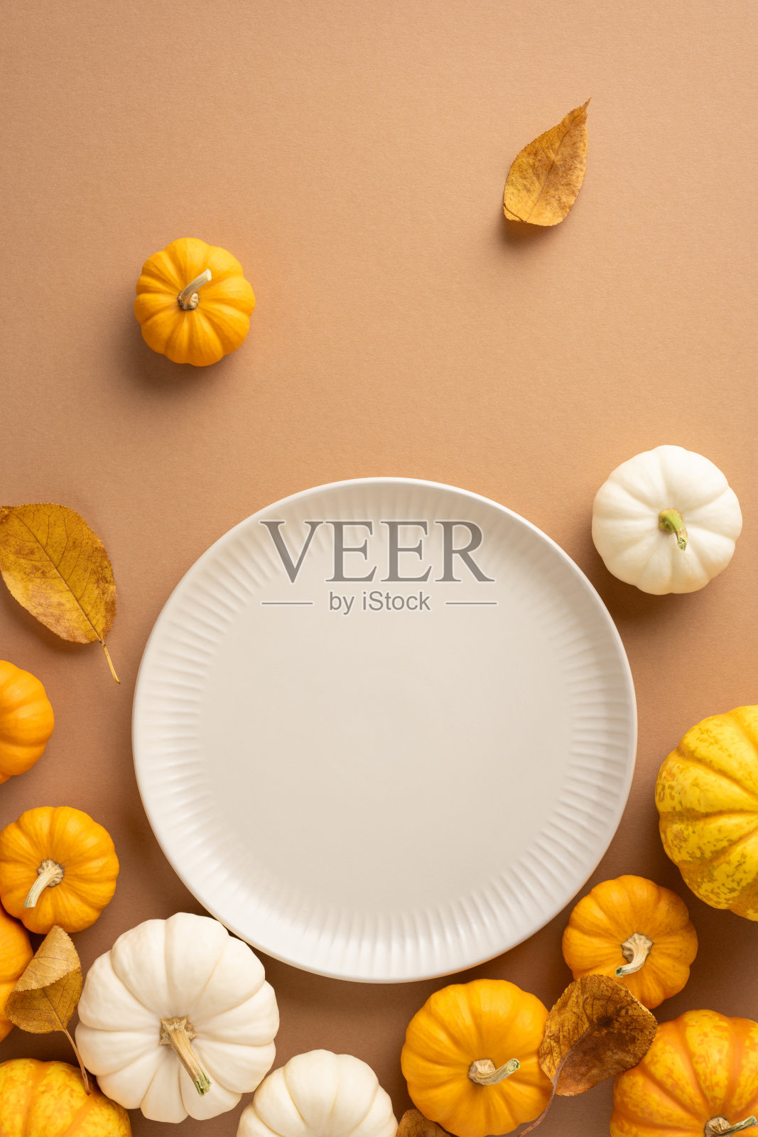 平放的空圆盘周围环绕着小橙色和白色南瓜以及干枯的秋叶，背景为棕色，体现了感恩节或秋季主题。照片摄影图片