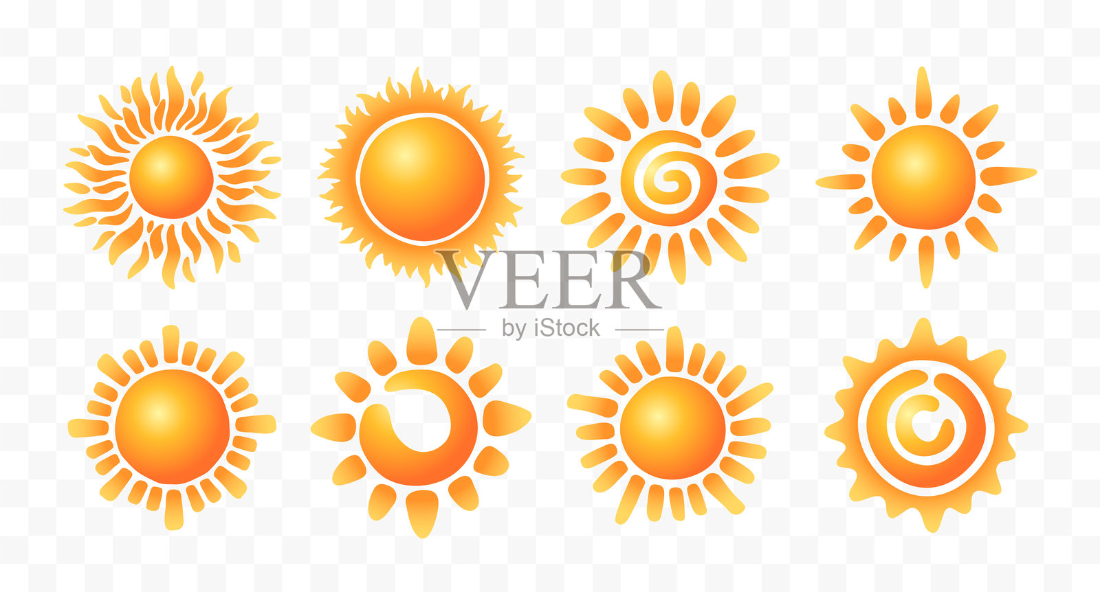 太阳符号集合。黄色和橙色的太阳设计。矢量插图。插画图片素材