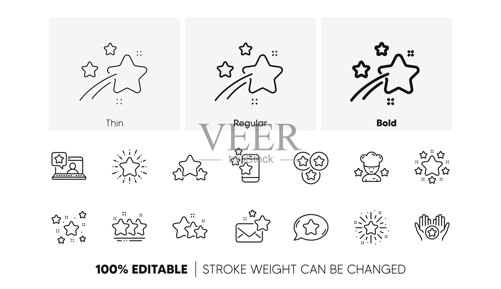 星星线条图标。夜空星星、闪光爆发和烟花。线条图标。矢量图。插画图片素材