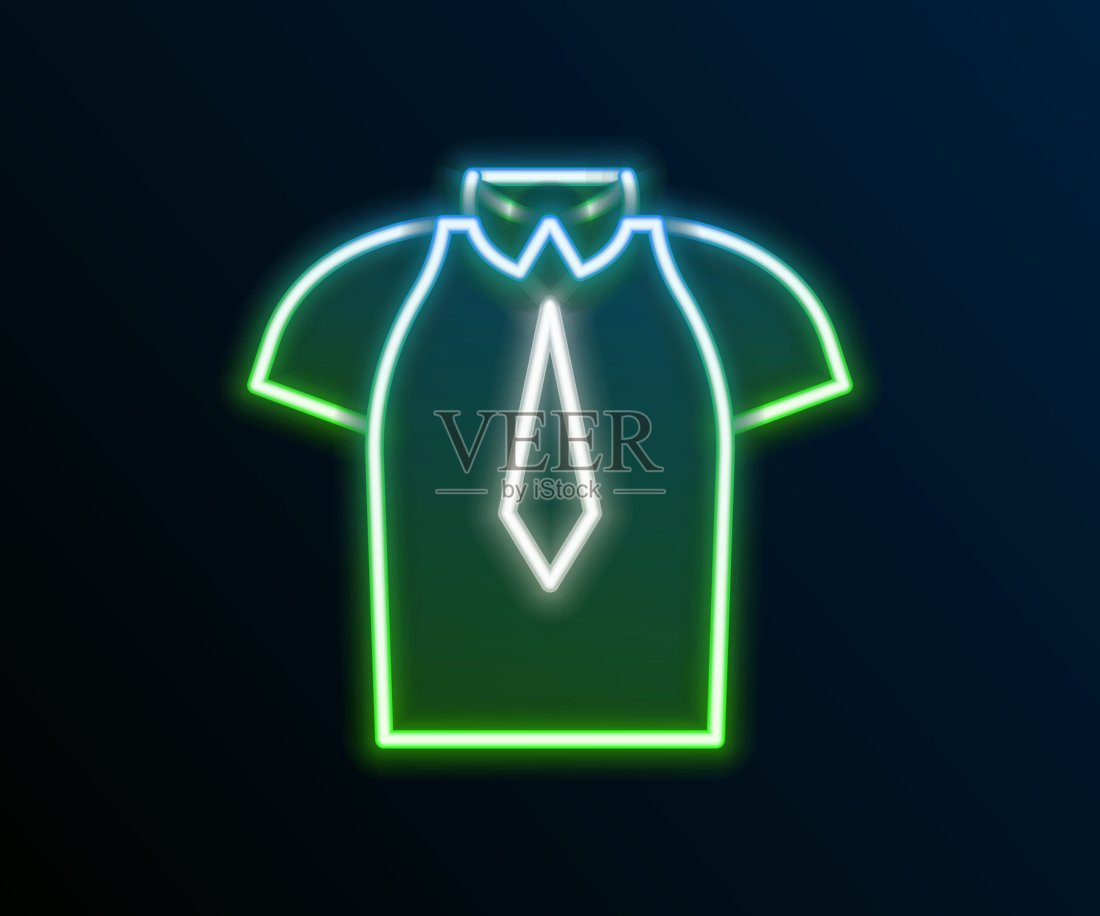 发光的霓虹线条T恤图标，背景为黑色。彩色轮廓概念。矢量图。插画图片素材