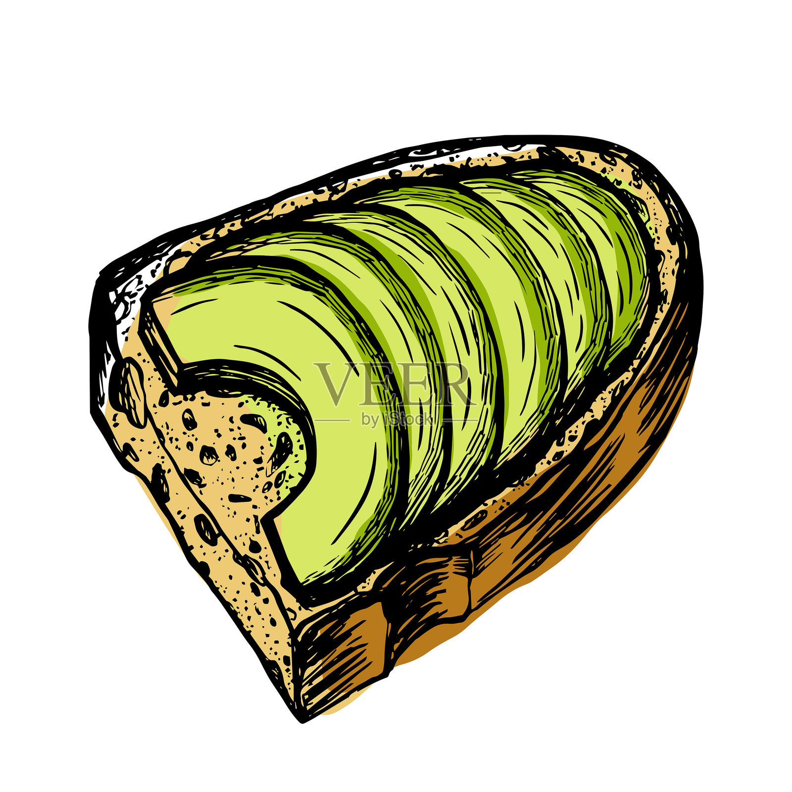 牛油果吐司插图，素食矢量插画，素描风格，雕刻风格，黑色线条和色彩斑点，白色背景上独立展示插画图片素材