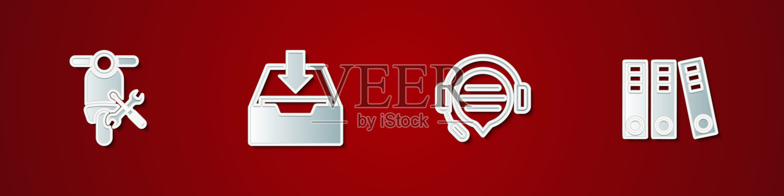 滑板车服务，下载收件箱，带对话气泡的耳机和办公文件夹图标。矢量图。插画图片素材