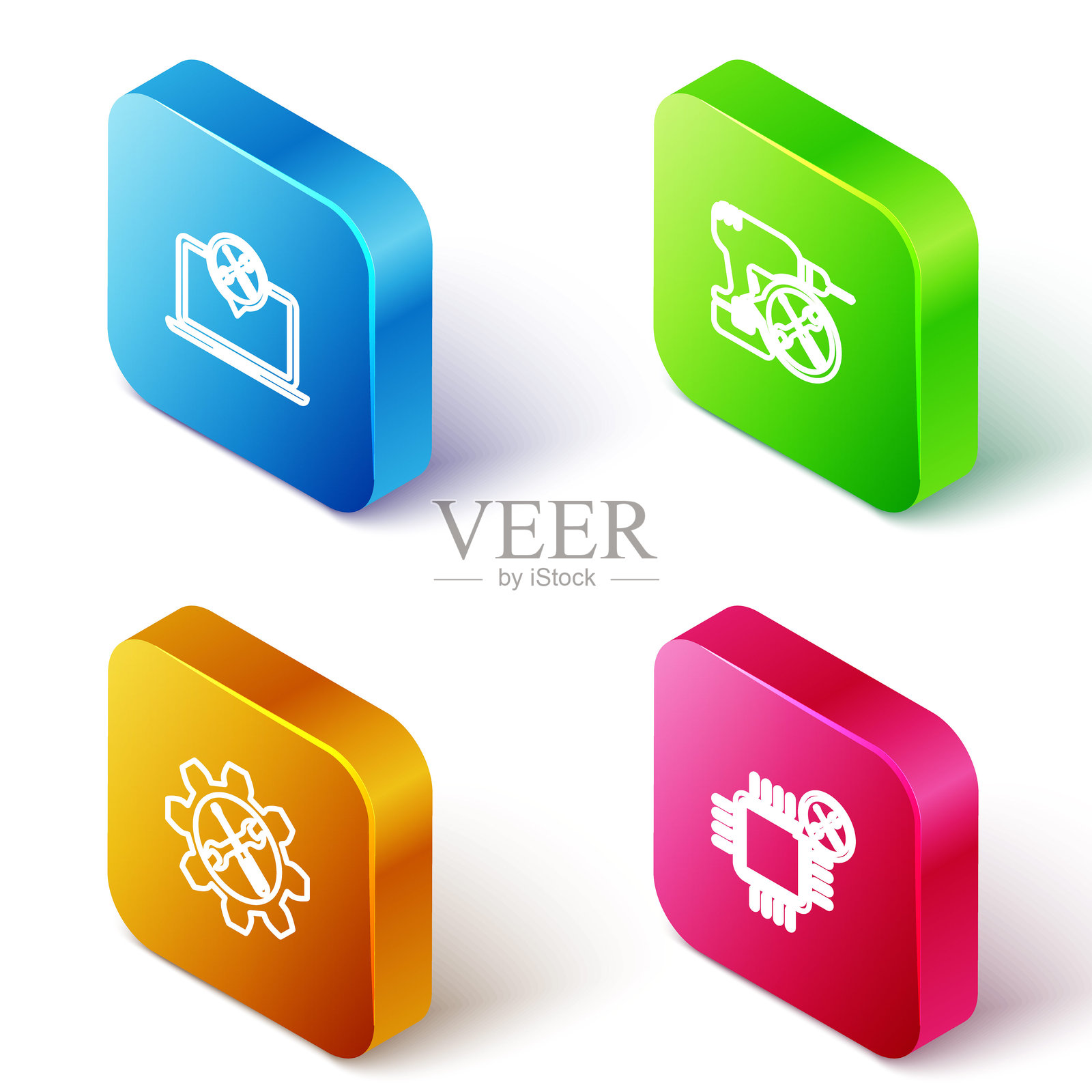 等距线条笔记本电脑服务、钻机、扳手和螺丝刀齿轮及处理器图标。矢量图。插画图片素材