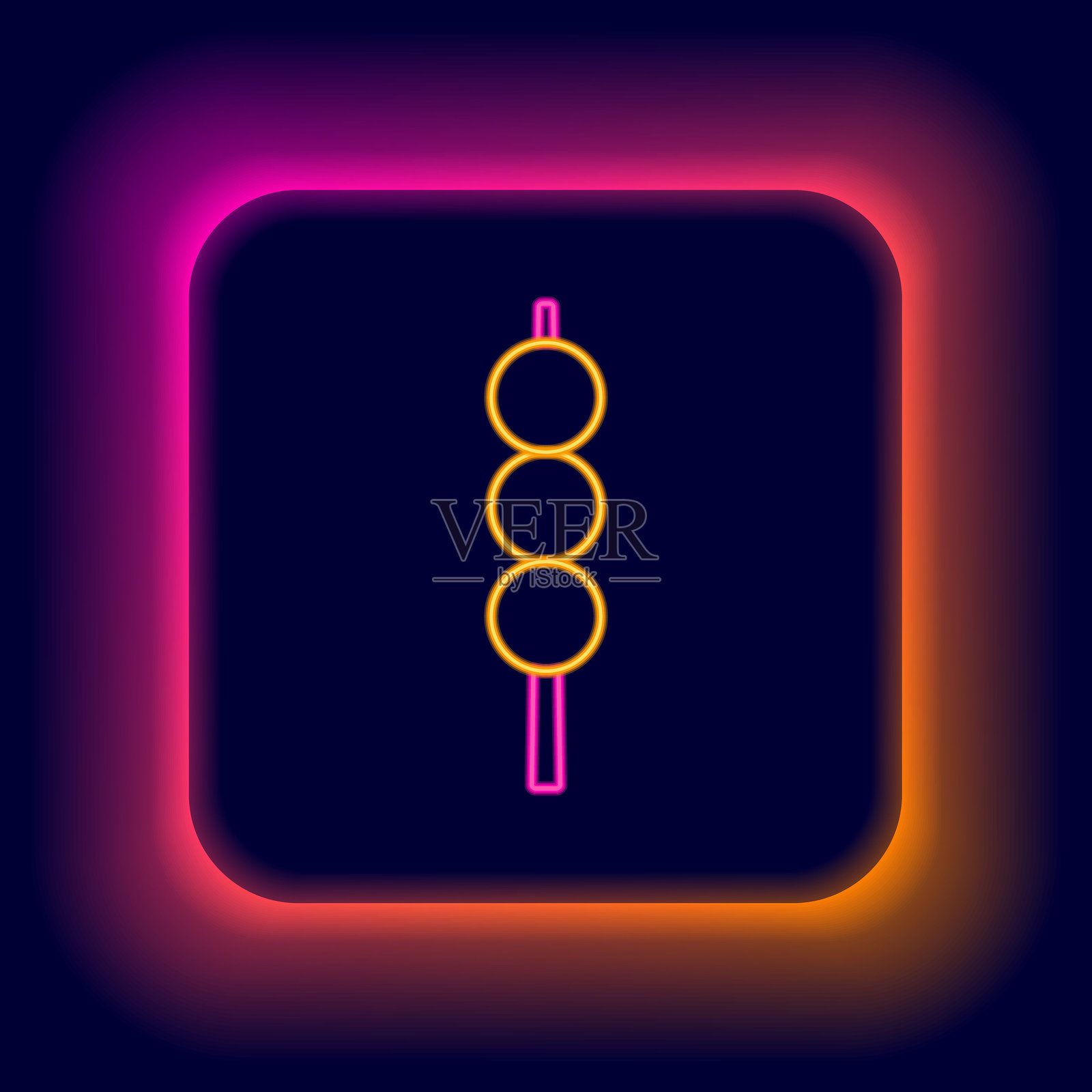 发光的霓虹线肉丸木棍图标，背景为黑色。带肉的串。彩色轮廓概念。矢量图。插画图片素材