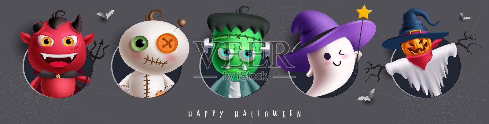 万圣节角色矢量设计集。万圣节的恶魔、可怕的木乃伊和讨糖活动。插画图片素材