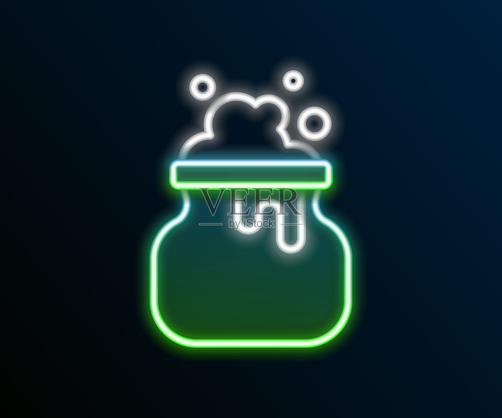 发光的霓虹线女巫锅图标，背景为黑色。快乐的万圣节派对。彩色轮廓概念。矢量图。插画图片素材