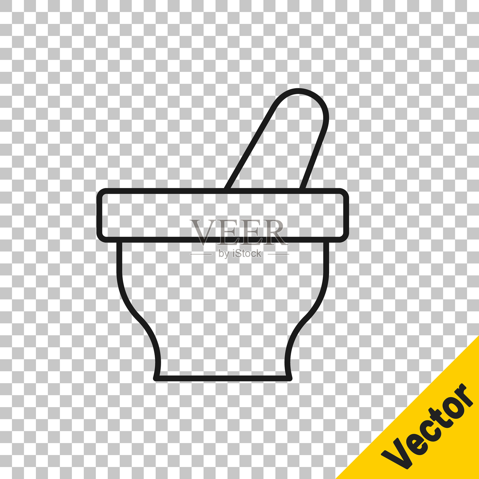 黑色线条的研钵和杵图标，背景透明。矢量图。插画图片素材