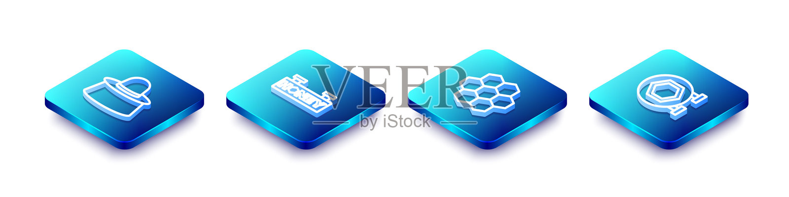 等距线条风格的养蜂人，佩戴保护帽，悬挂蜂巢标志，蜂巢和图标。矢量图。插画图片素材