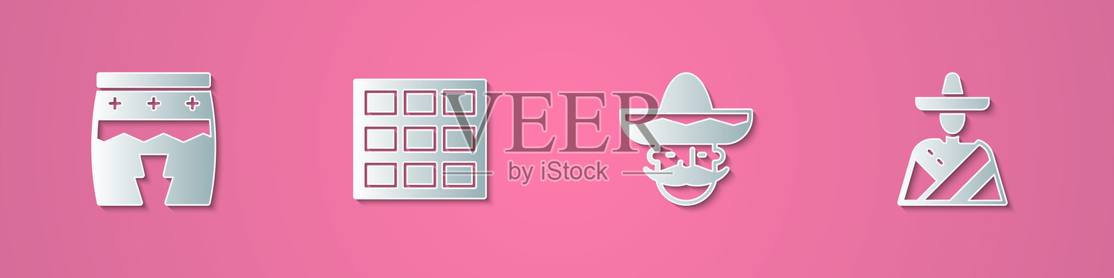 剪纸风格的Huehuetl，巧克力棒，戴着草帽的墨西哥男人和图标。矢量图。插画图片素材