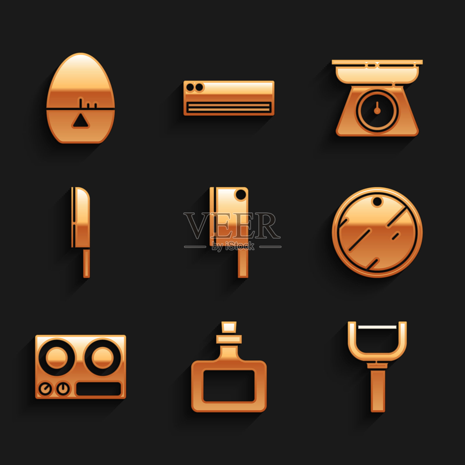 肉类切割器、调料瓶、削皮器、切菜板、燃气灶、刀具、秤和厨房计时器图标。矢量图。插画图片素材