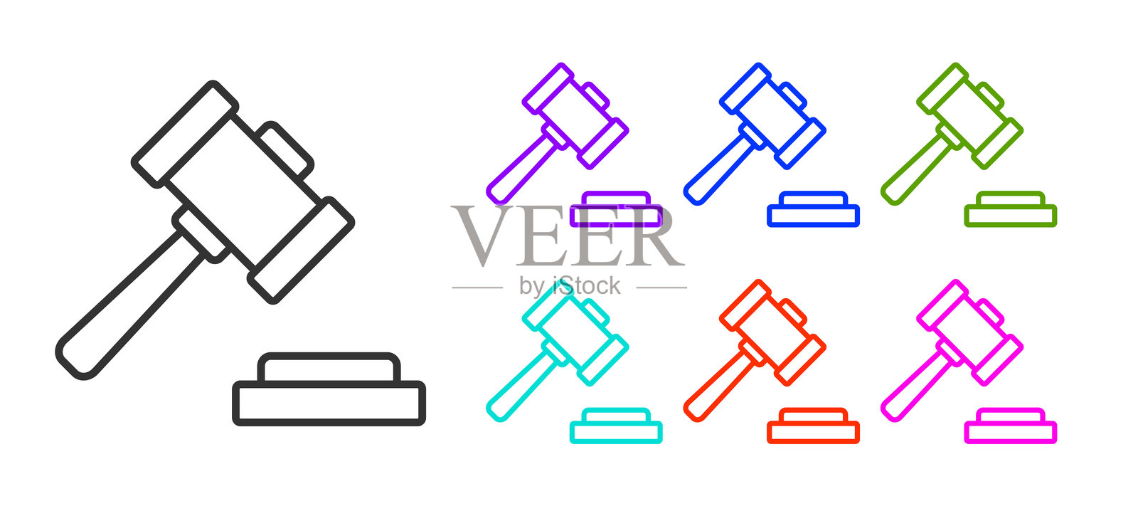 白色背景上的黑色线条法官木槌图标矢量图插画图片素材