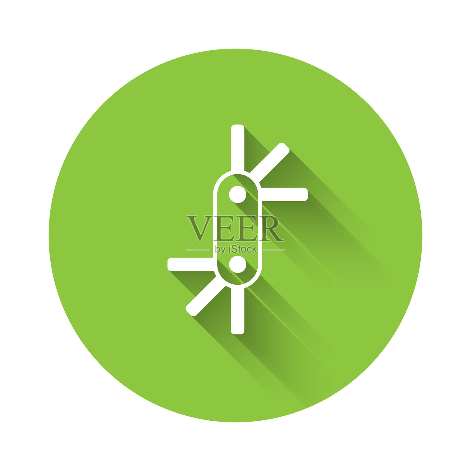 白色工具六角扳手图标，带有长阴影背景。绿色圆形按钮。矢量图。插画图片素材