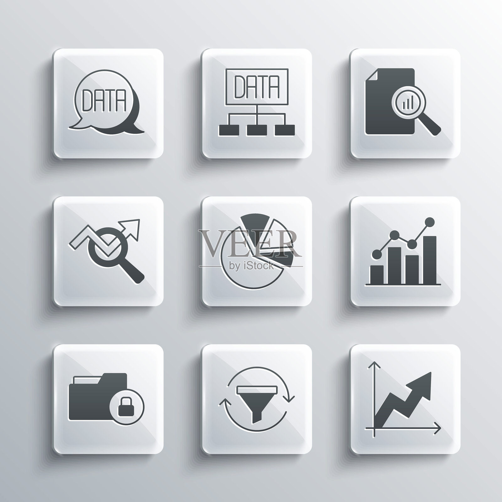 设置销售漏斗图表、财务增长、饼图信息图、文件夹和锁、搜索数据分析、数据和文档图标。矢量图。插画图片素材