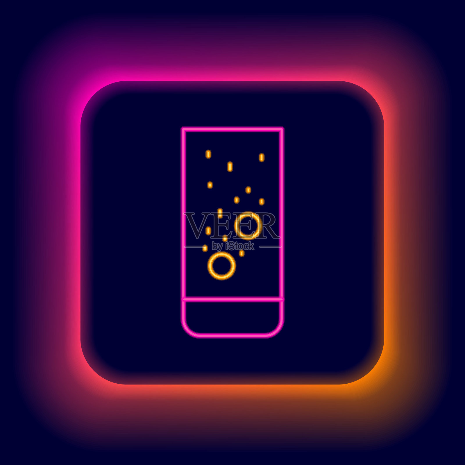 发光的霓虹线条，泡腾的阿司匹林片在黑色背景的水杯中溶解图标。彩色轮廓概念。矢量图。插画图片素材