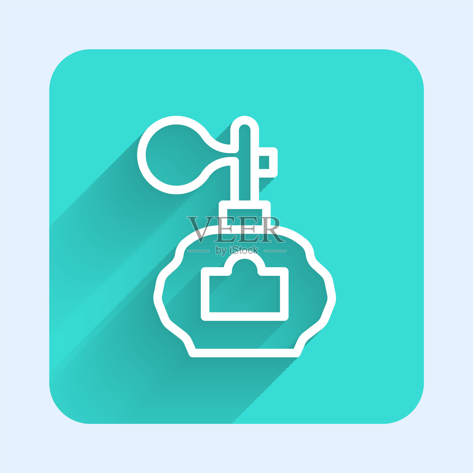 带喷雾器的白色须后水瓶图标，带有长阴影。香水喷雾图标。男士香水瓶。绿色方形按钮。矢量图。插画图片素材