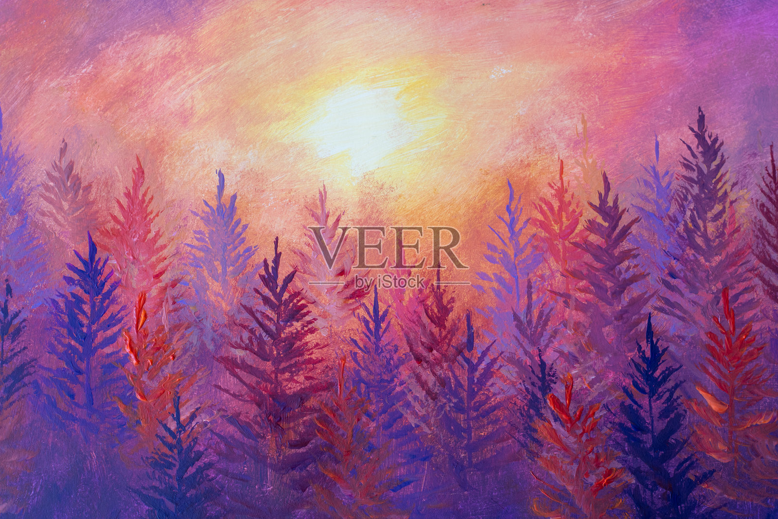 阳光明媚，照耀着紫色和红色树木的森林画作插画图片素材