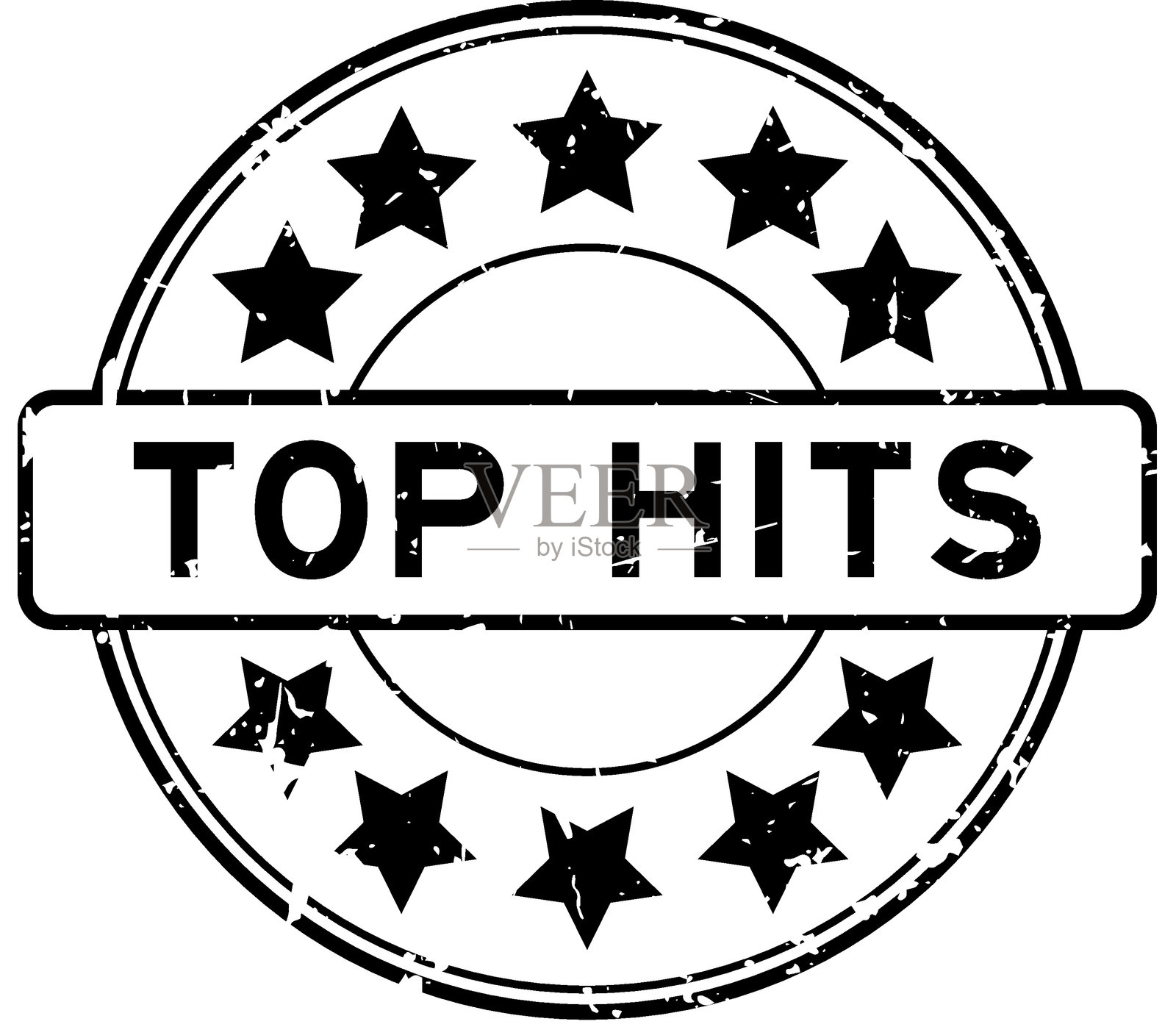 黑色复古风格的热门歌曲字样，带星形图标的圆形橡胶印章，背景为白色插画图片素材