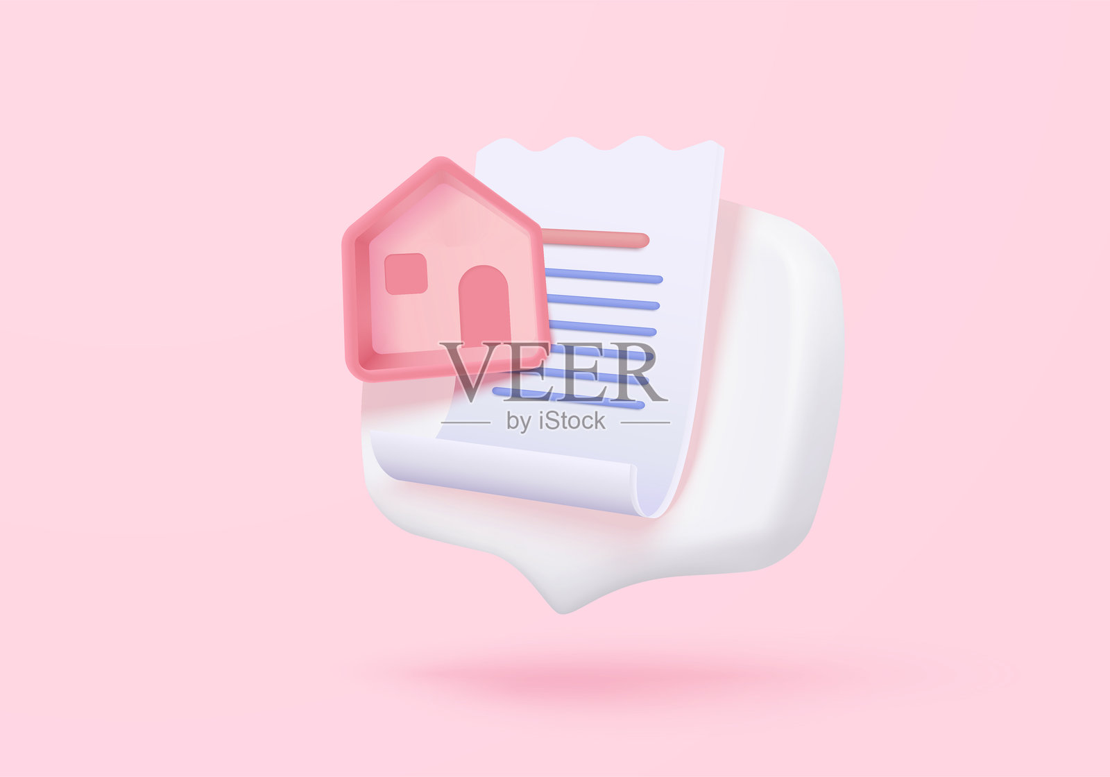 3D支付交易的账单图标，附有通知。个人贷款的纸质收据，抵押住房与资金，租赁物业的财务。3D住宅图标矢量渲染插图。插画图片素材