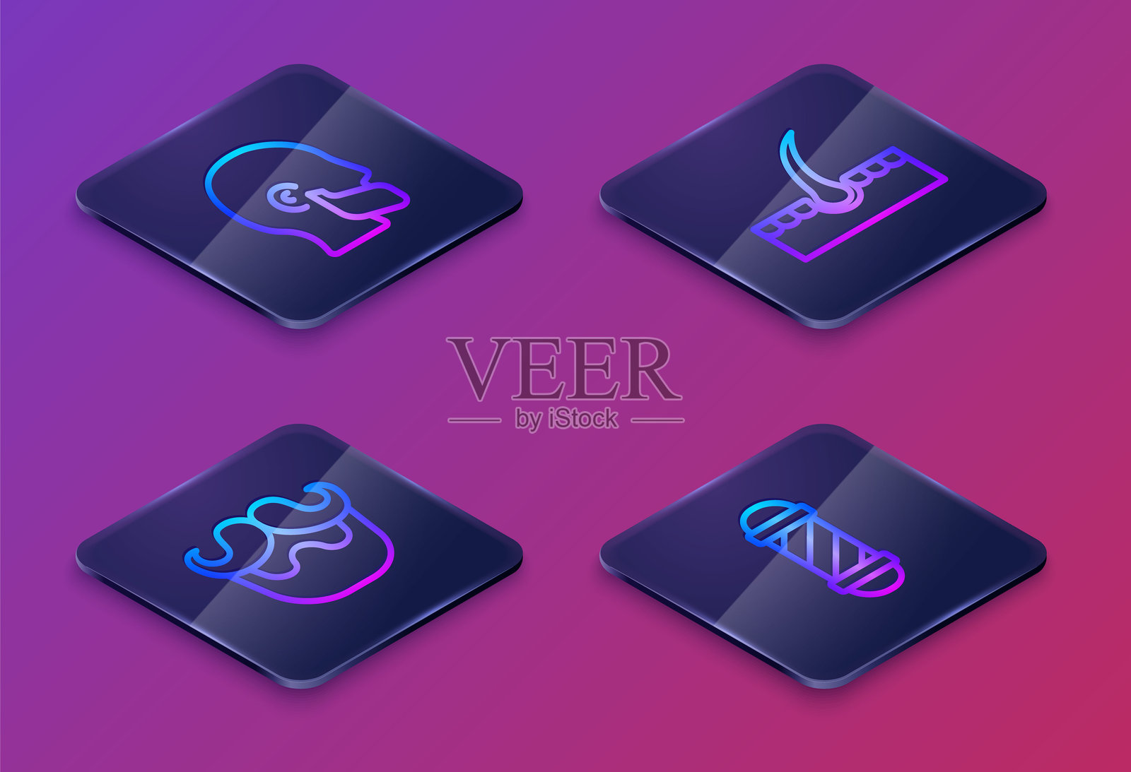 等距线条的胡子和胡须，人类毛囊和经典理发店旋转柱。蓝色方形按钮。矢量图。插画图片素材