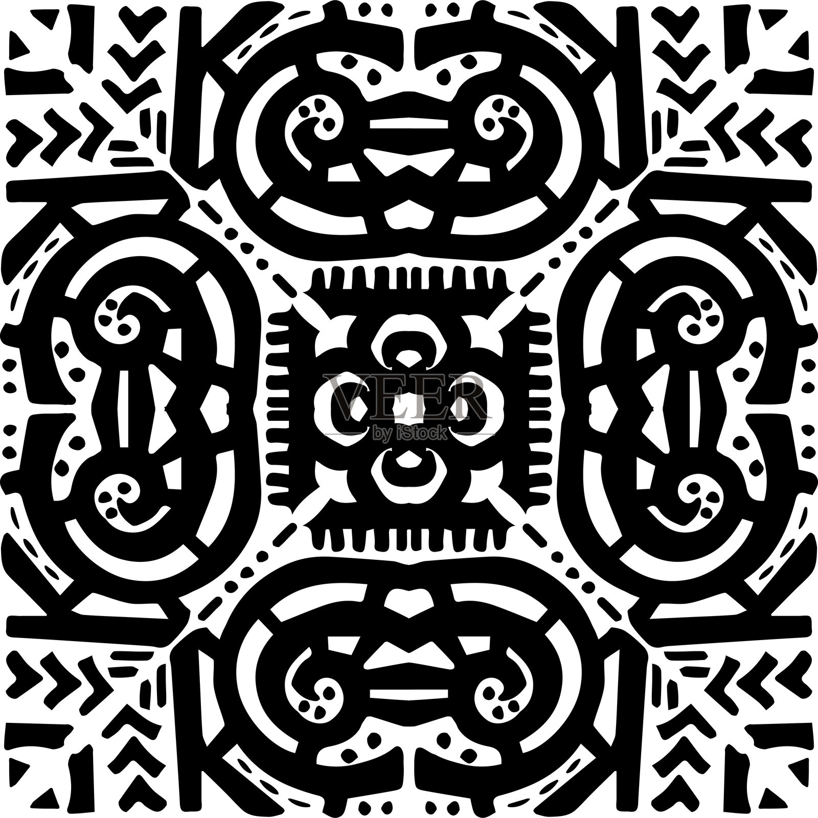 线条波利尼西亚黑色部落抽象手绘无缝图案。白色背景上的矢量部落几何纹身插图插画图片素材