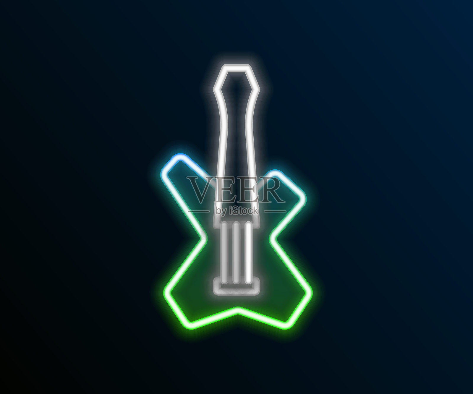 发光的霓虹线电贝斯吉他图标，背景为黑色。彩色轮廓概念。矢量图。插画图片素材