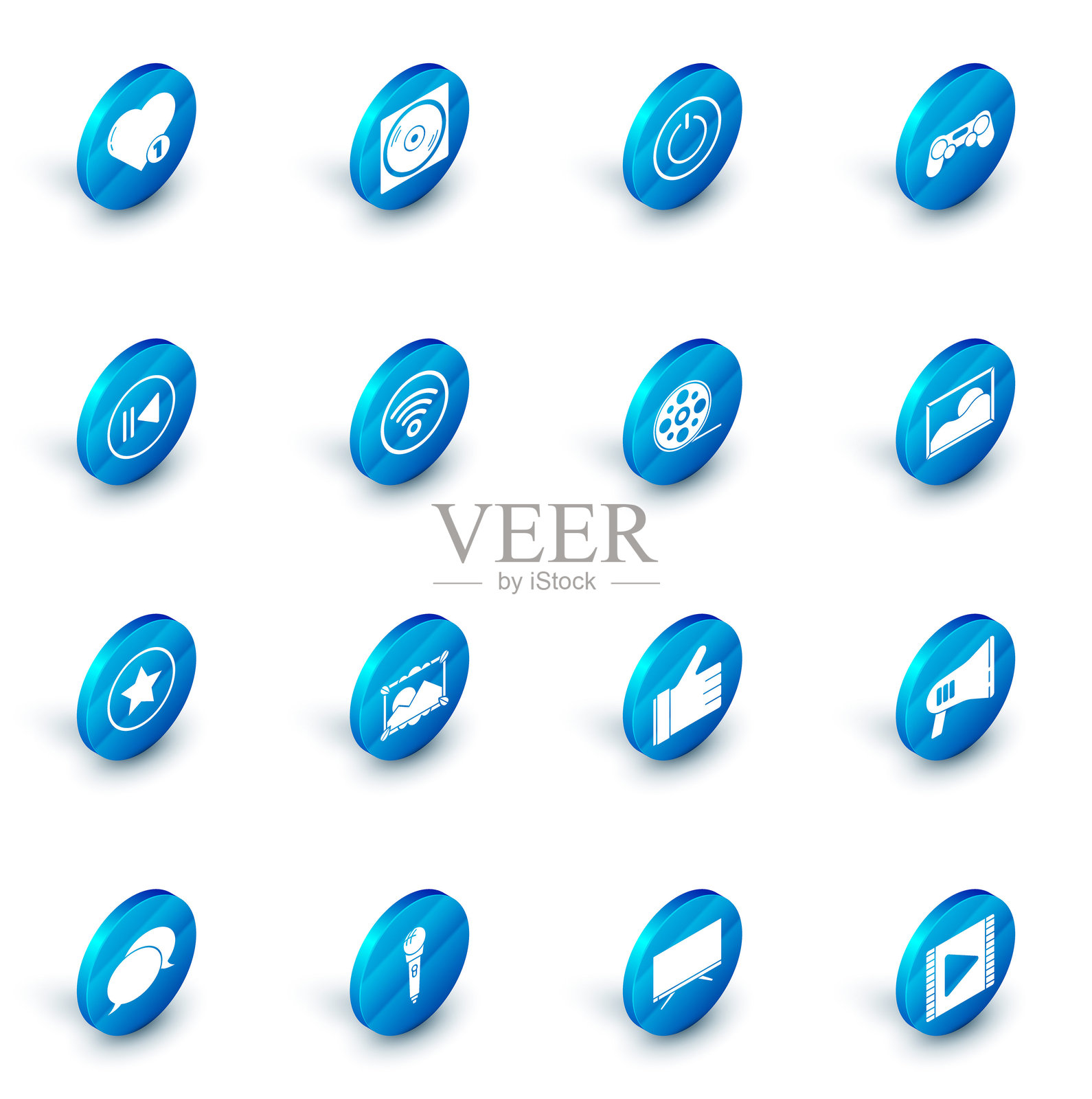 黑胶唱片、开关按钮、游戏手柄、倒带、星星、Wi-Fi无线网络、风景图片和胶卷图标。矢量图。插画图片素材