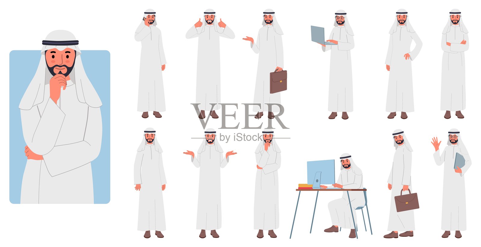 沙特阿拉伯男性。阿拉伯商业角色，来自阿联酋的阿拉伯商人，穆斯林男性，手持笔记本电脑和公文包。坐在桌子前使用电脑。矢量平面图集。插画图片素材