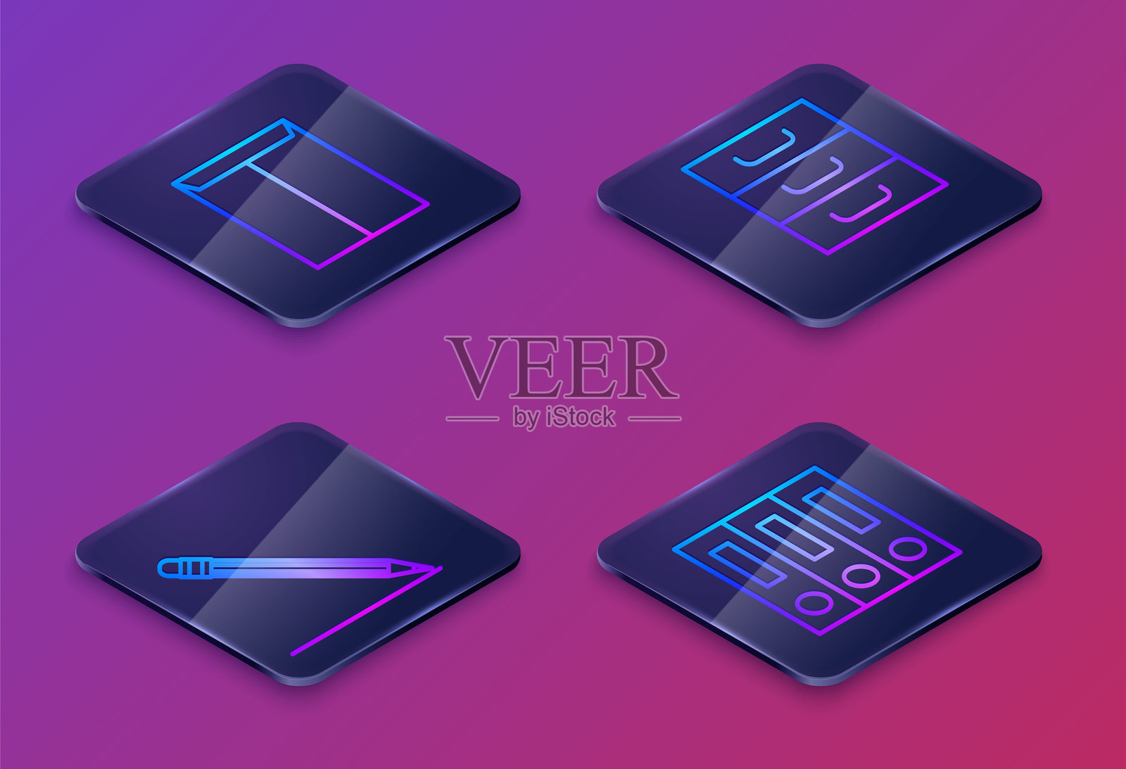 等距线条信封、带橡皮的铅笔和线条、装有文件的抽屉以及装有纸张和文件的办公文件夹。蓝色方形按钮。矢量图。插画图片素材