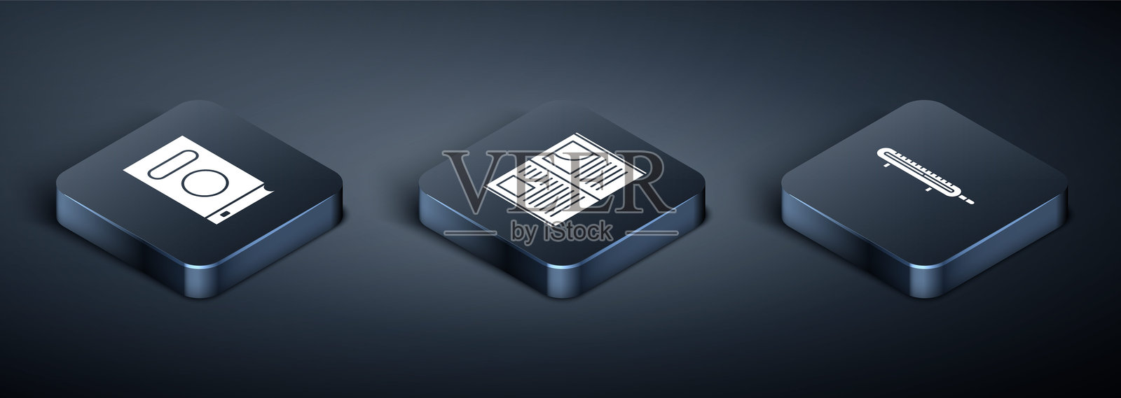 等距书籍、气象温度计测量和打开书本图标。矢量图。插画图片素材