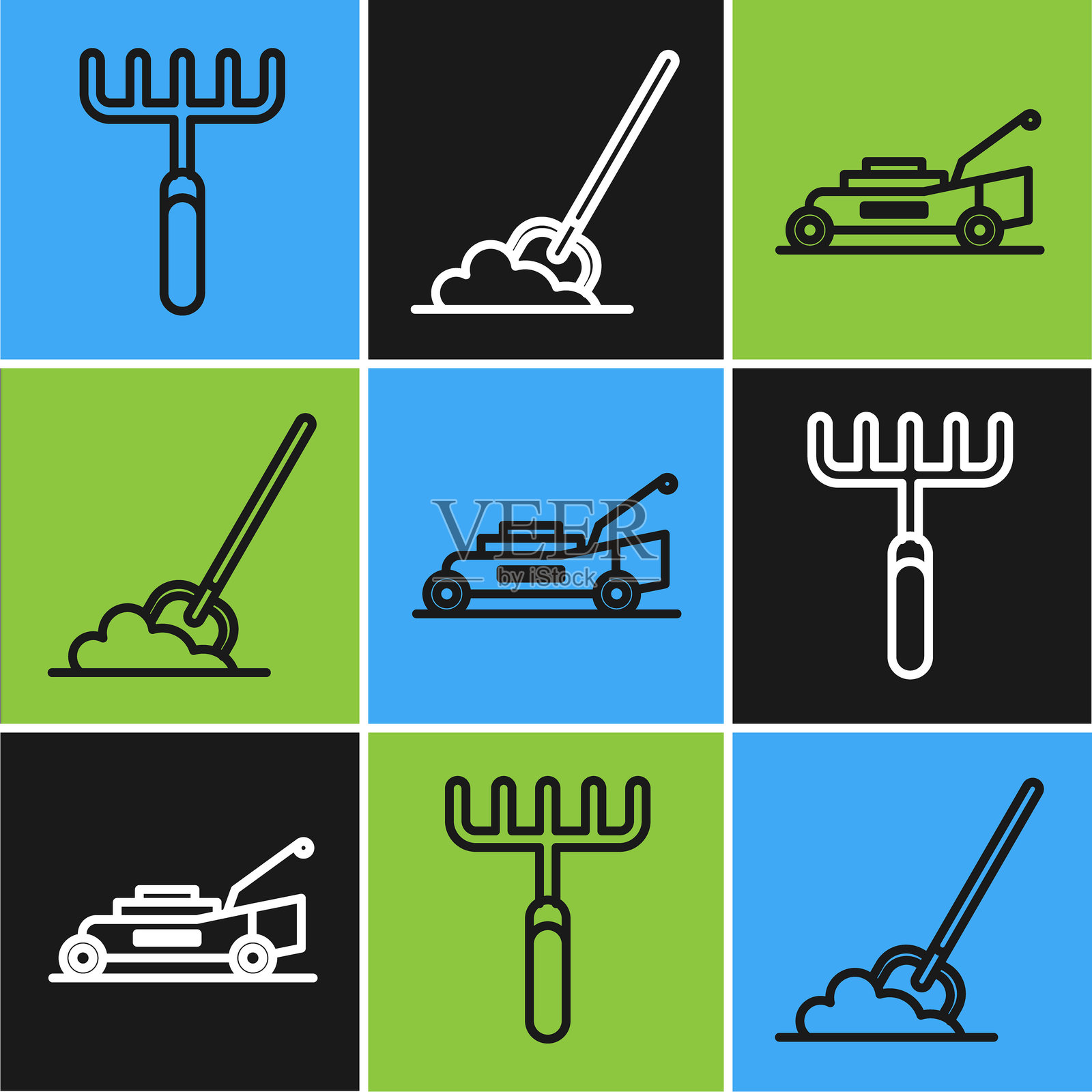 园艺耙、割草机和铲子在地面上的图标。矢量图。插画图片素材