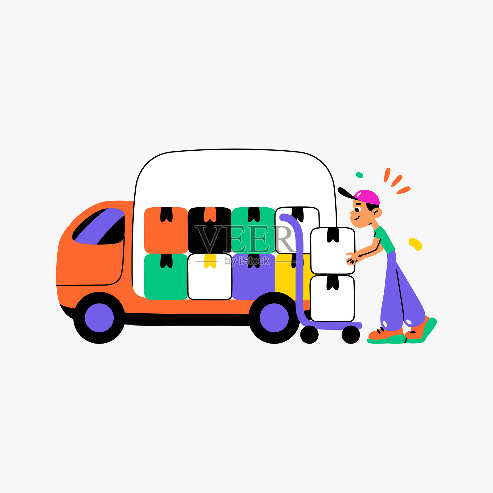 送货员将包裹装入货车的扁平矢量插图，象征着物流、运输和包裹递送，背景为白色。插画图片素材