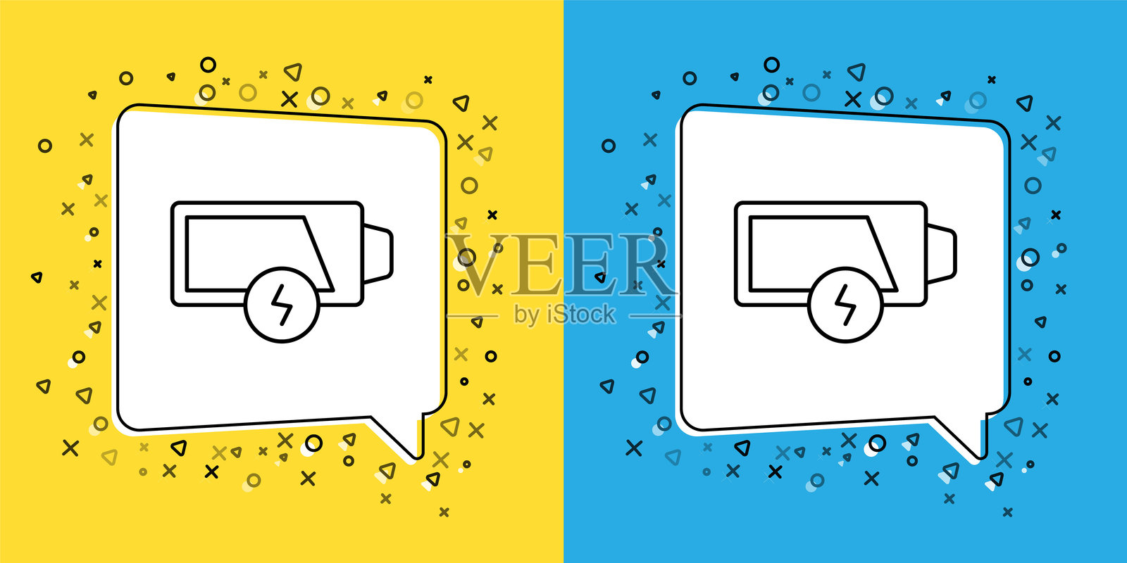 电池充电水平指示器图标，背景为黄色和蓝色。插画图片素材