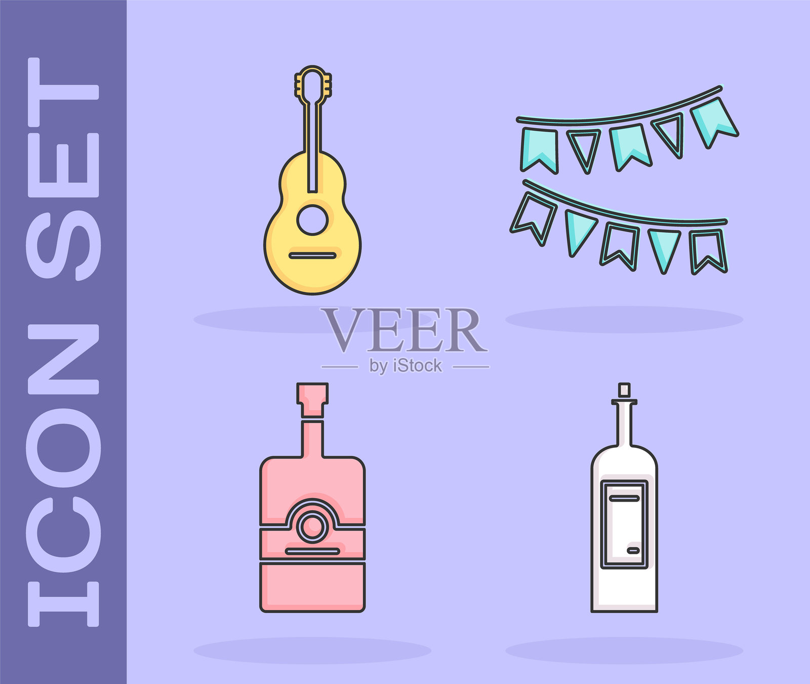 酒瓶、吉他、威士忌瓶和带旗帜的狂欢节花环图标。矢量图。插画图片素材