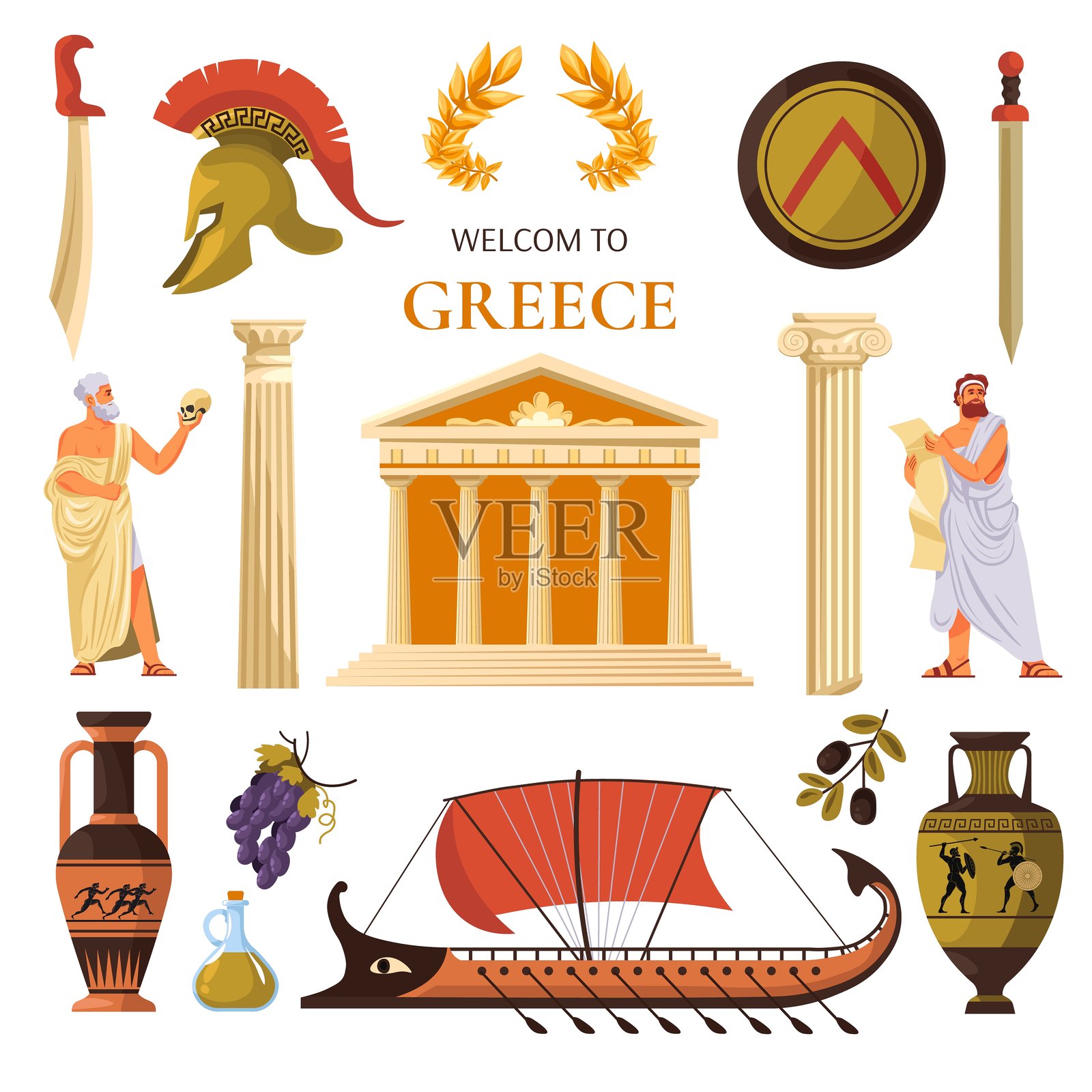 古希腊旅行图标。古老的希腊神话或罗马帝国历史元素，旅游地标符号，奥林匹克雅典神庙，船只，头盔，油罐，最近的矢量插图。插画图片素材