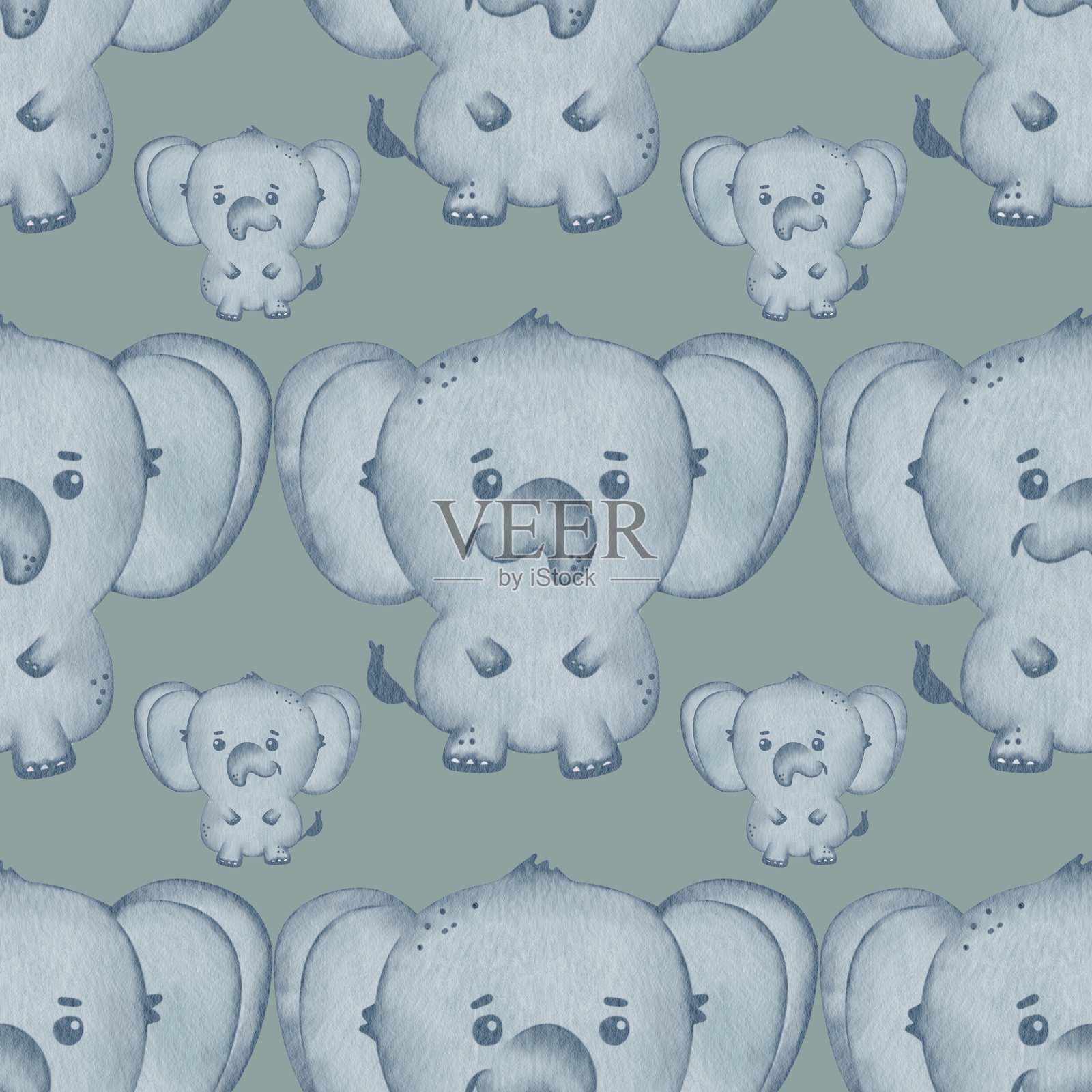 可爱的蓝色大象在柔和的绿色背景图案上，大小各异。插画图片素材