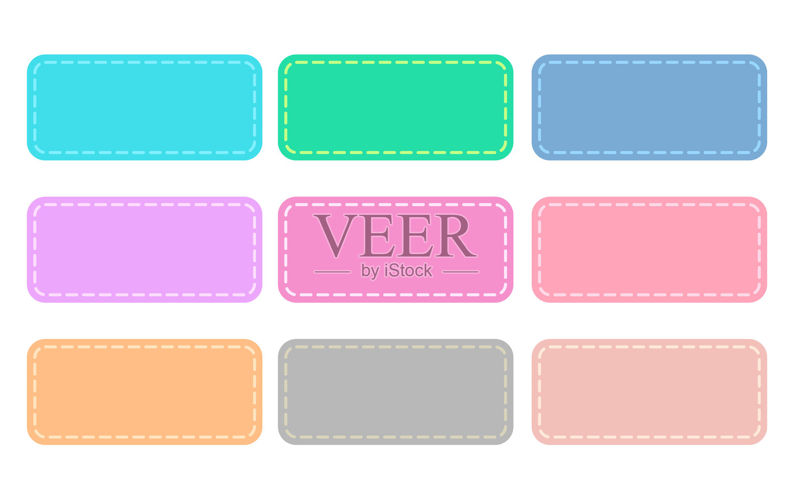 一组带虚线的彩色标签。蓝色、绿色、紫色、粉色、红色、橙色、灰色、棕色。矢量插图。插画图片素材