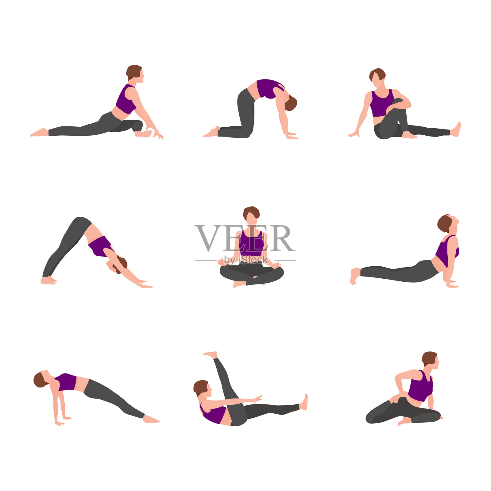 女性瑜伽姿势矢量插图集。女性练习不同的体式。冥想，放松。健康生活。体育俱乐部，健身锻炼横幅，海报，设计元素。插画图片素材