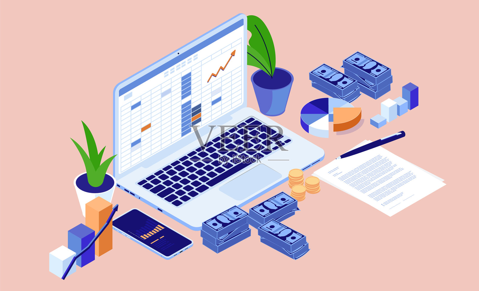 会计笔记本电脑与金钱插图插画图片素材