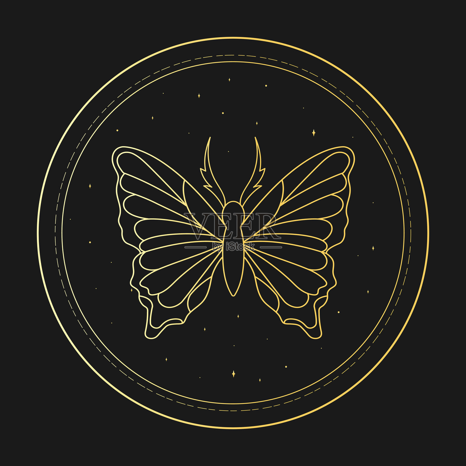 有蝴蝶轮廓的金色天徽。太空魔法艺术。矢量图插画图片素材