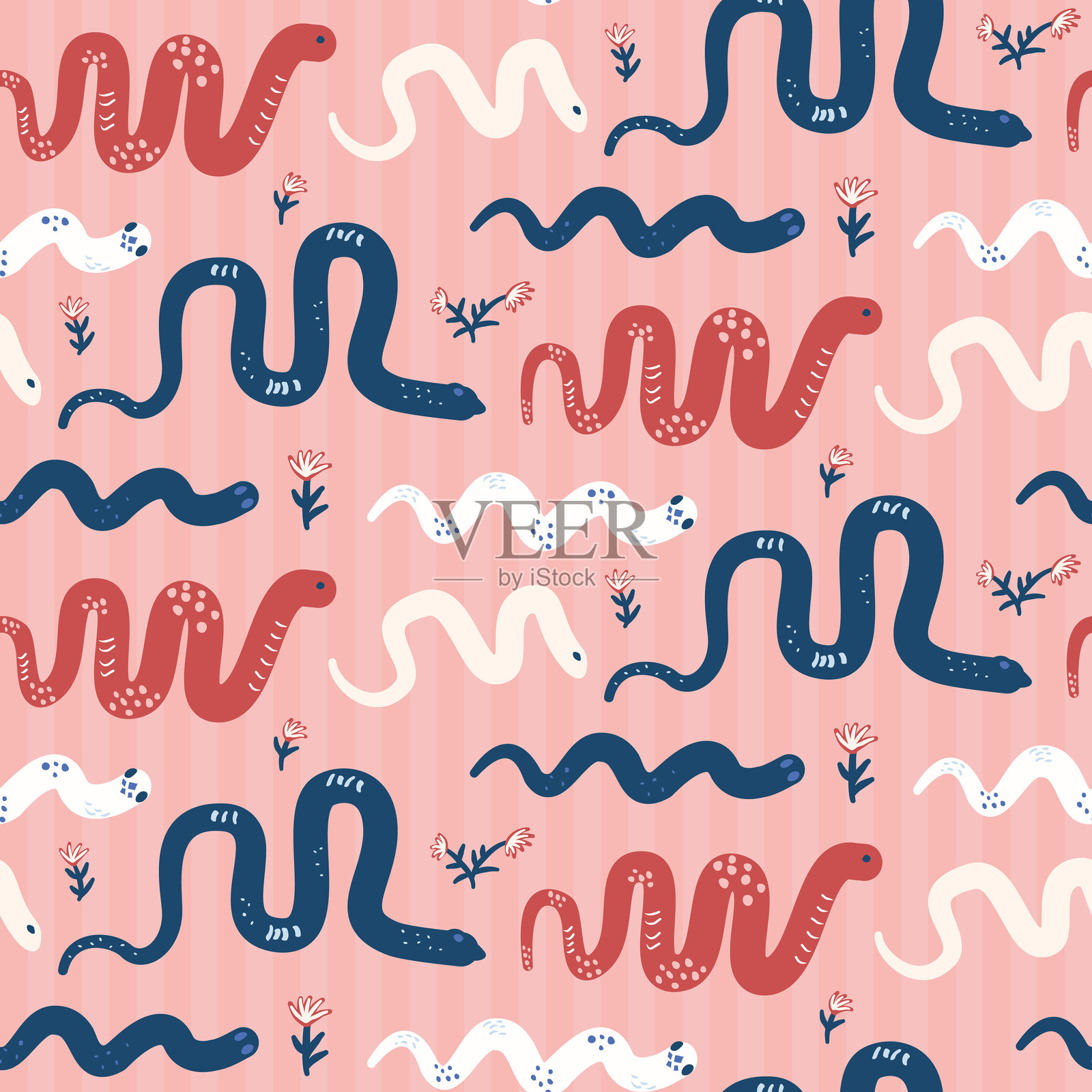 顽皮的蛇无缝图案。爬行动物粉红色重复背景。动物表面图案设计。矢量手绘平面插图。插画图片素材