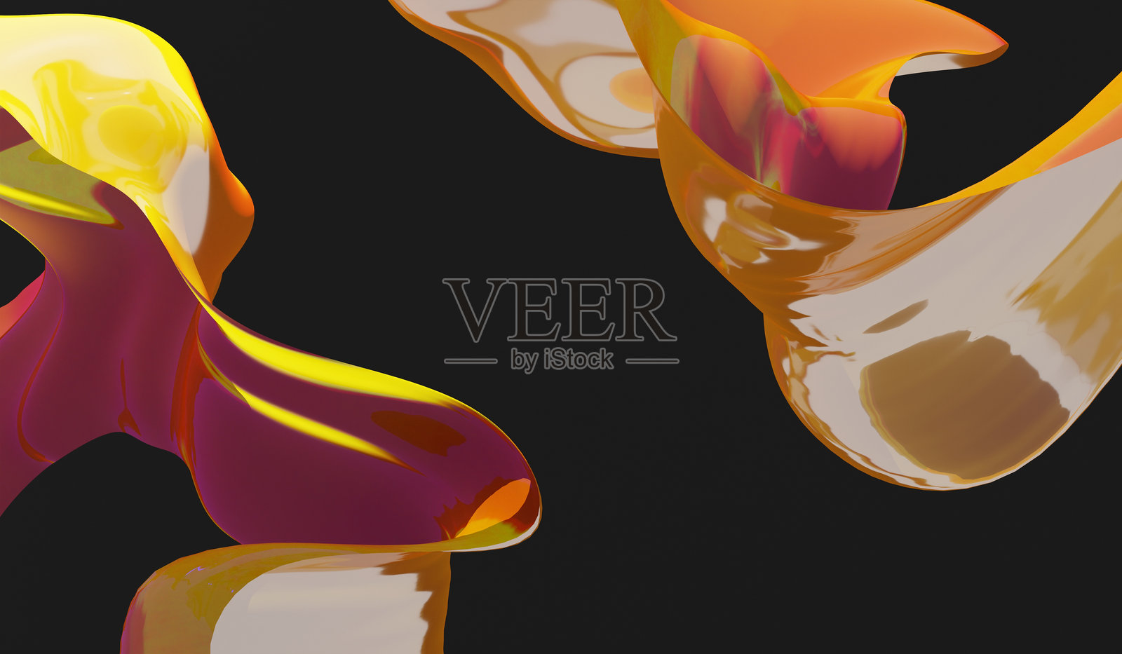 彩虹玻璃丝带飞舞或水波。移动的透明全息形状。丙烯波浪上的抽象水晶或塑料形状。流动的液体线条设计元素。柔和的背景效果。3D插图。照片摄影图片