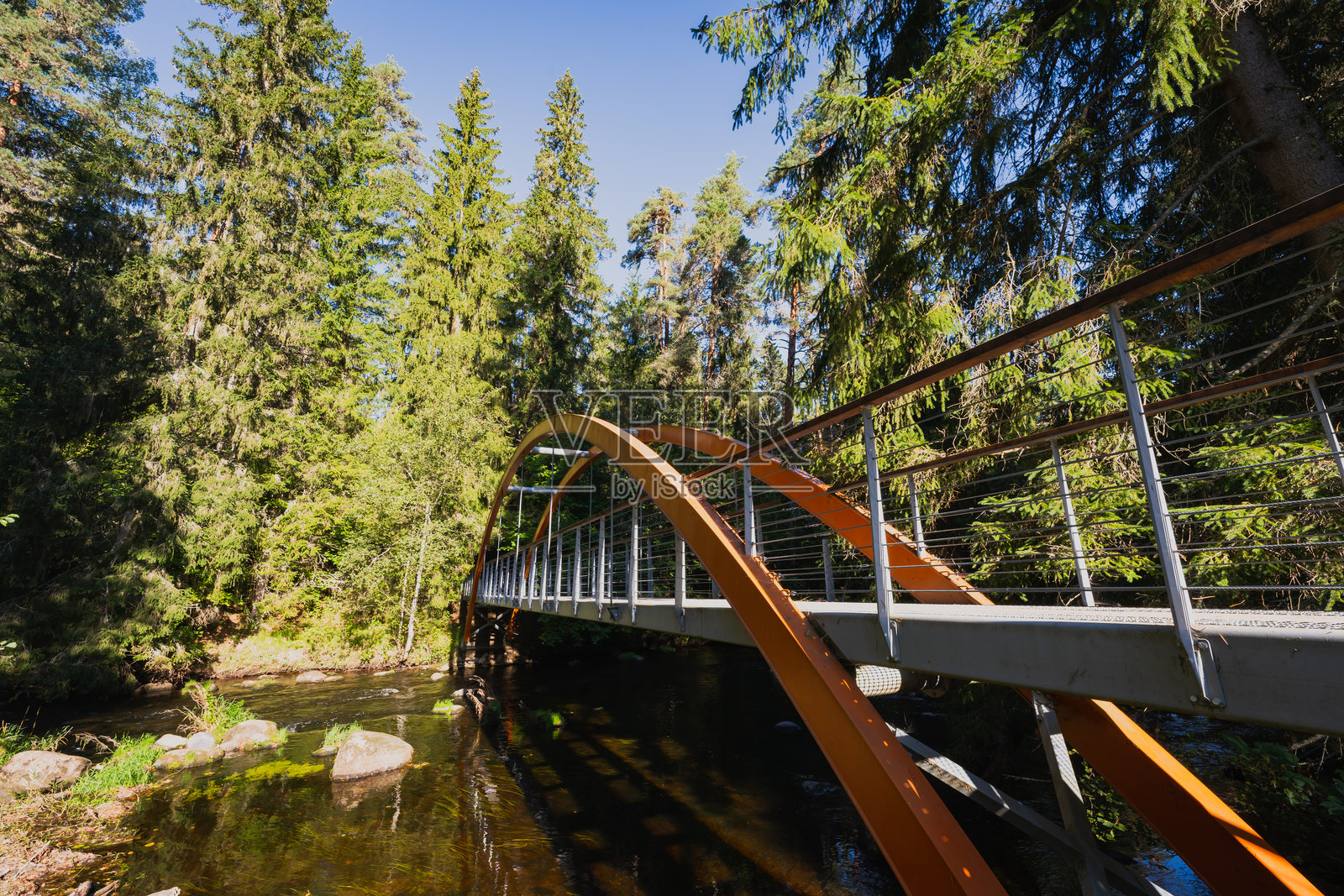 爱沙尼亚的自然，位于塔耶瓦斯科亚森林中的阿赫亚河上的人行桥。照片摄影图片