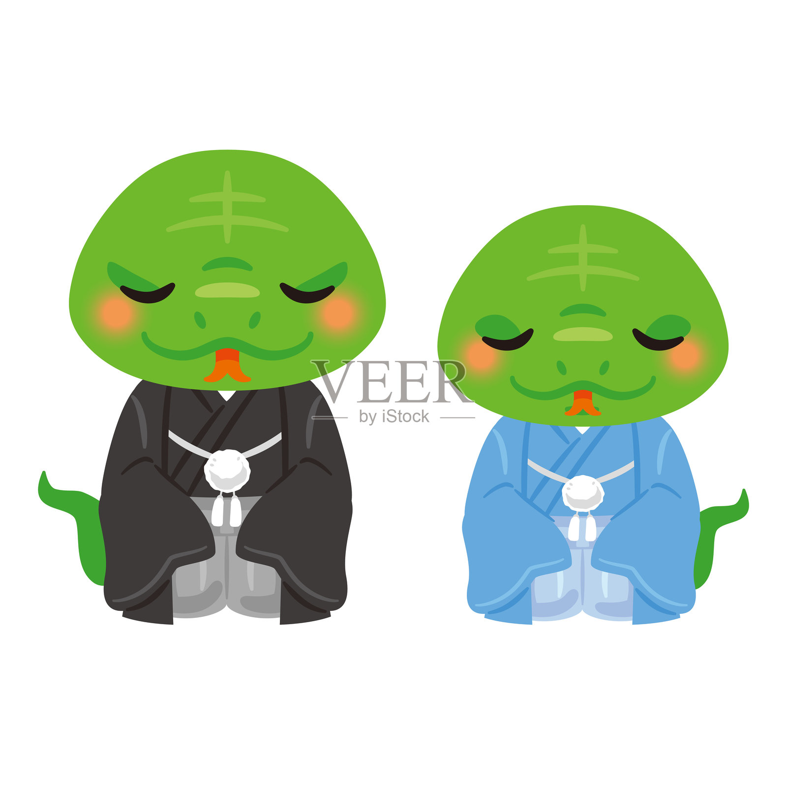 生肖绿蛇角色父母与孩子鞠躬插画图片素材