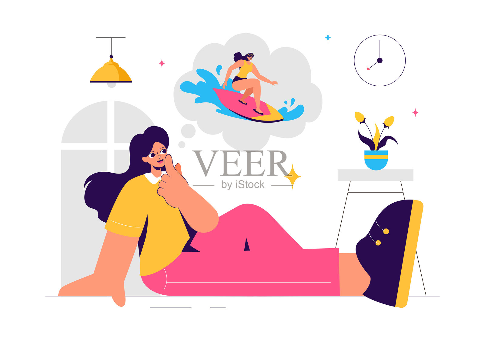 平面风格卡通背景中，人们在思考气泡中白日做梦、想象和幻想的矢量插图插画图片素材