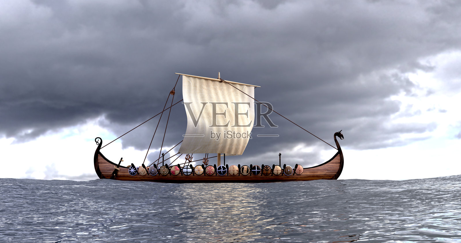 维京长船的3D渲染图，来自海平面，划船的维京人照片摄影图片