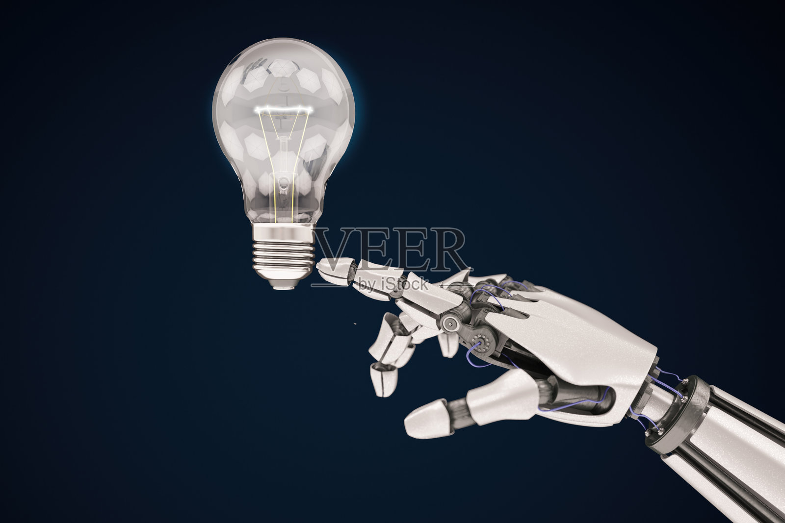 科技与人工智能理念概念。机器人的手触碰灯泡。照片摄影图片
